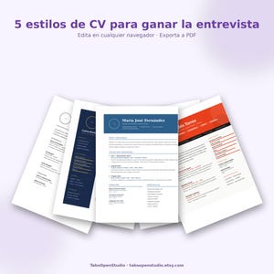 May include: Five resume templates with different designs are displayed on a light purple background. The resumes have various color schemes, including blue, red, and black. Text at the top reads "5 estilos de CV para ganar la entrevista" and "Edita en cualquier navegador - Exporta a PDF".
