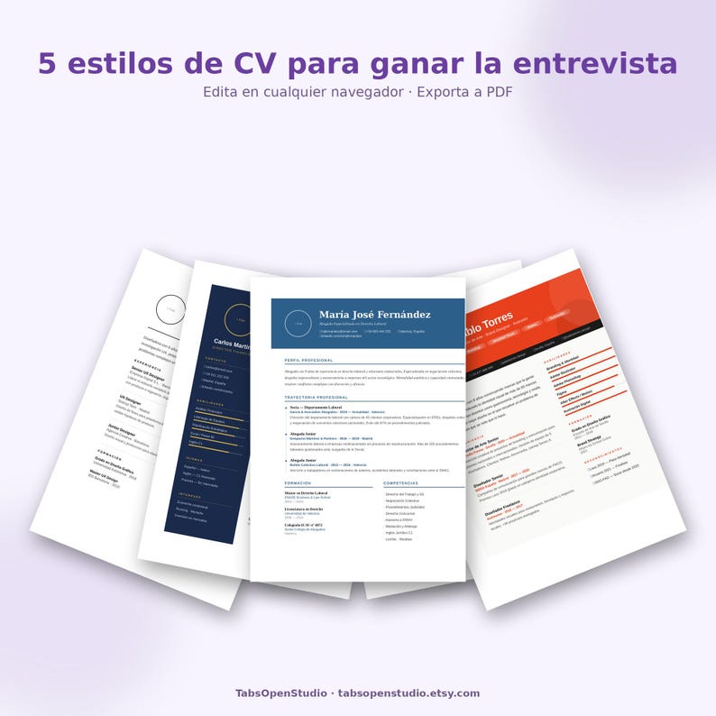 May include: Five resume templates with different designs are displayed on a light purple background. The resumes have various color schemes, including blue, red, and black. Text at the top reads "5 estilos de CV para ganar la entrevista" and "Edita en cualquier navegador - Exporta a PDF".