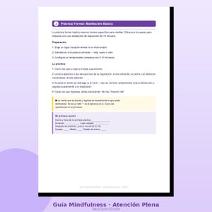 May include: A white and black document with Spanish text about meditation. The document includes numbered steps for a basic meditation practice, with sections on preparation and the practice itself. The bottom of the document has the text "Gu&iacute;a Mindfulness &bull; Atenci&oacute;n Plena".