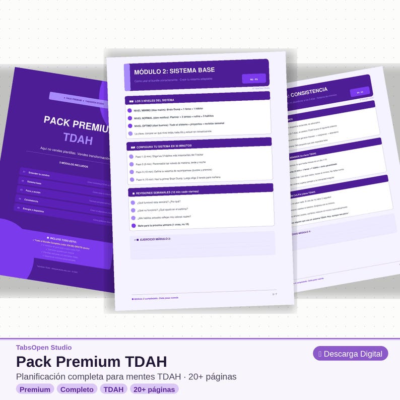 May include: A digital product titled "Pack Premium TDAH" with a purple and white design. The product includes over 20 pages of planning materials. The image shows several open pages with text and bullet points. The product is from TabsOpen Studio.