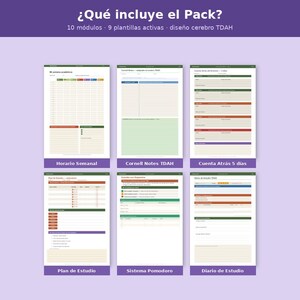 May include: A purple graphic with the text "&iquest;Qu&eacute; incluye el Pack?" and the description "10 m&oacute;dulos 9 plantillas activas dise&ntilde;o cerebro TDAH." Below are six rectangular images with text labels: "Horario Semanal," "Cornell Notes TDAH," "Cuenta Atr&aacute;s 5 dias," "Plan de Estudio," "Sistema Pomodoro," and "Diario de Estudio."