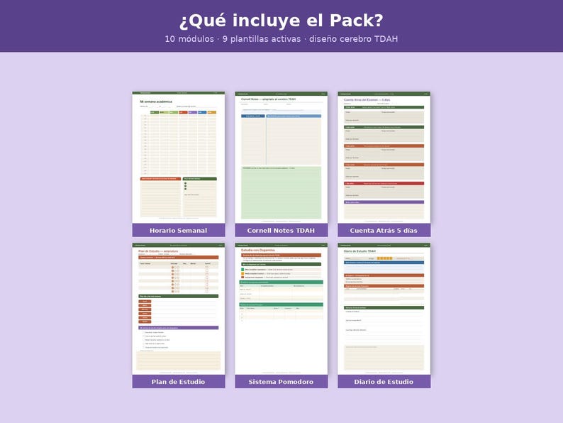 May include: A purple graphic with the text "&iquest;Qu&eacute; incluye el Pack?" and the description "10 m&oacute;dulos 9 plantillas activas dise&ntilde;o cerebro TDAH." Below are six rectangular images with text labels: "Horario Semanal," "Cornell Notes TDAH," "Cuenta Atr&aacute;s 5 dias," "Plan de Estudio," "Sistema Pomodoro," and "Diario de Estudio."