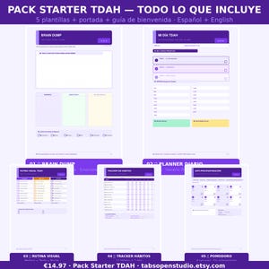 May include: A purple and white digital planner pack with the text "PACK STARTER TDAH" and "TODO LO QUE INCLUYE". The pack includes templates for brain dumping, daily planning, habit tracking, and more. The text "Espa&ntilde;ol + English" is also visible.