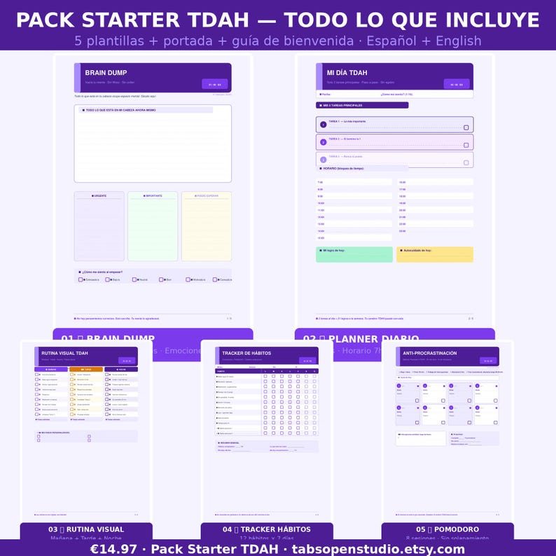 May include: A purple and white digital planner pack with the text "PACK STARTER TDAH" and "TODO LO QUE INCLUYE". The pack includes templates for brain dumping, daily planning, habit tracking, and more. The text "Espa&ntilde;ol + English" is also visible.