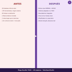 May include: A two-panel graphic with the heading "ANTES" on the left and "DESPU&Eacute;S" on the right. The left side lists issues like lack of planning and forgotten medication. The right side lists solutions like a clear routine and integrated reminders. The text "Mega Bundle TDAH" is at the bottom.