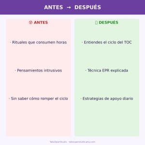 May include: A graphic with the text "ANTES" and "DESPU&Eacute;S" in purple. The left side, in pink, lists "Rituales que consumen horas", "Pensamientos intrusivos", and "Sin saber c&oacute;mo romper el ciclo". The right side, in green, lists "Entiendes el ciclo del TOC", "T&eacute;cnica EPR explicada", and "Estrategias de apoyo diario".