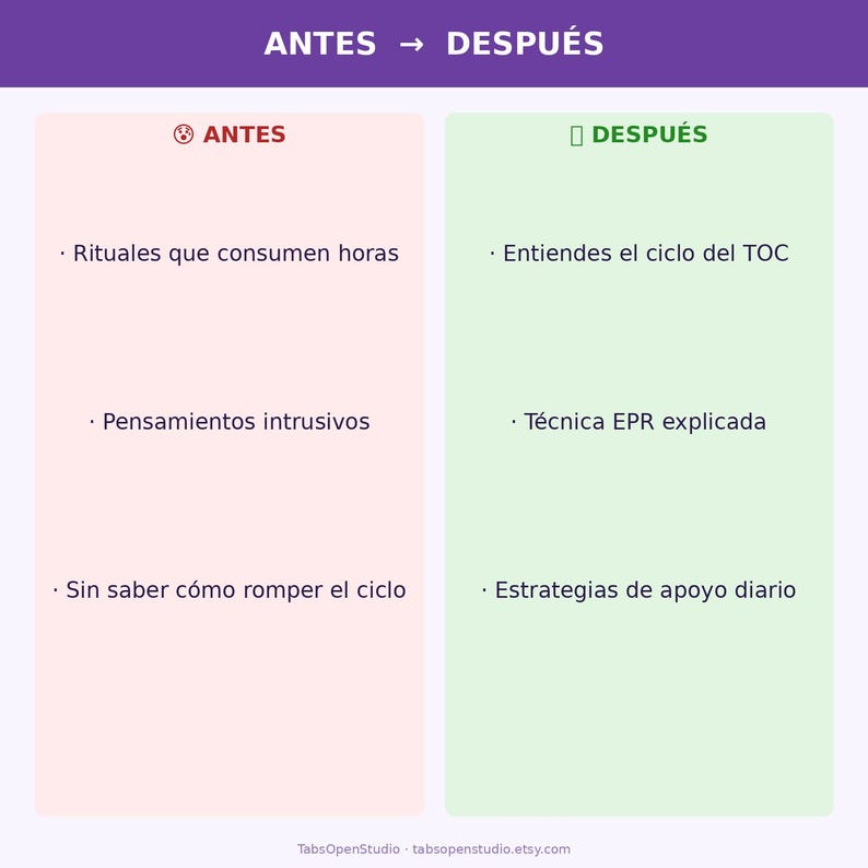 May include: A graphic with the text "ANTES" and "DESPU&Eacute;S" in purple. The left side, in pink, lists "Rituales que consumen horas", "Pensamientos intrusivos", and "Sin saber c&oacute;mo romper el ciclo". The right side, in green, lists "Entiendes el ciclo del TOC", "T&eacute;cnica EPR explicada", and "Estrategias de apoyo diario".