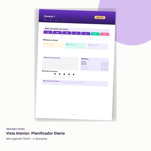 May include: A white daily planner with purple and yellow accents. The planner includes sections for weekly priorities, time blocks, a brain dump, habits, and energy levels. The text "Semana 1" and "Abril 2025" are visible.
