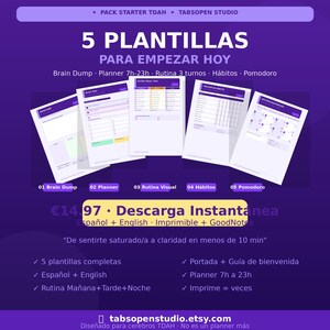 May include: A purple graphic with the text "5 PLANTILLAS PARA EMPEZAR HOY" and the words "Brain Dump, Planner, Rutina, H&aacute;bitos, Pomodoro." Five printable planner templates are displayed. The text "Descarga Instant&aacute;nea" is also visible.