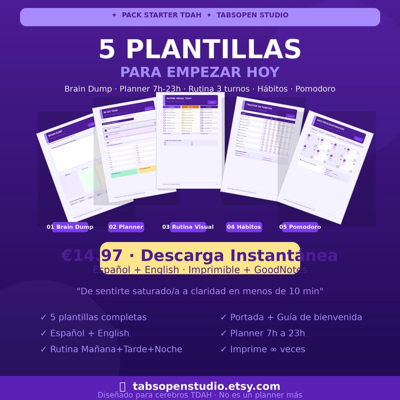 May include: A purple graphic with the text "5 PLANTILLAS PARA EMPEZAR HOY" and the words "Brain Dump, Planner, Rutina, H&aacute;bitos, Pomodoro." Five printable planner templates are displayed. The text "Descarga Instant&aacute;nea" is also visible.