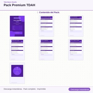 May include: A digital product pack titled "Pack Premium TDAH" by TabsOpen Studio. The pack includes several documents with purple and white designs. The text "Descarga Instant&aacute;nea" is visible. The product is described as a complete, printable pack.