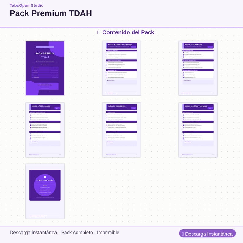 May include: A digital product pack titled "Pack Premium TDAH" by TabsOpen Studio. The pack includes several documents with purple and white designs. The text "Descarga Instant&aacute;nea" is visible. The product is described as a complete, printable pack.