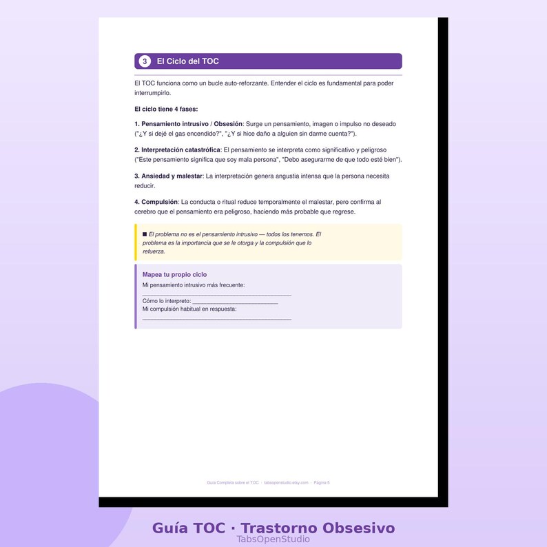 May include: A page from a guide on Obsessive-Compulsive Disorder (OCD) with the title "El Ciclo del TOC." The text explains the cycle of OCD, including intrusive thoughts, catastrophic interpretations, anxiety, and compulsions. The guide includes fill-in-the-blank sections.