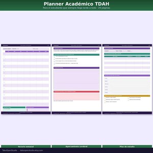 May include: A planner with a purple, green, and white design. The planner includes sections for weekly schedules, brain dumping, and study plans. The text "Planner Acad&eacute;mico TDAH" is at the top, with the Etsy shop name at the bottom.