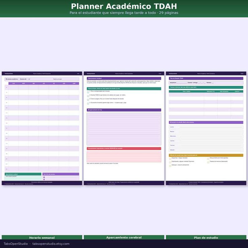 May include: A planner with a purple, green, and white design. The planner includes sections for weekly schedules, brain dumping, and study plans. The text "Planner Acad&eacute;mico TDAH" is at the top, with the Etsy shop name at the bottom.