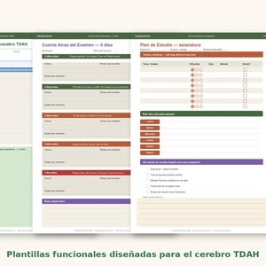 May include: A set of functional templates designed for the ADHD brain. The templates include a countdown for exams, study plans, and note-taking sections. The design features a white background with green, orange, and purple accents, and text in Spanish.