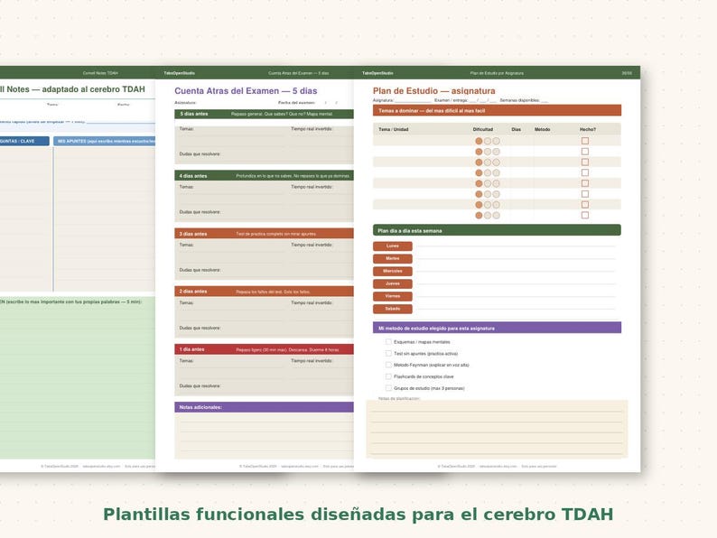 May include: A set of functional templates designed for the ADHD brain. The templates include a countdown for exams, study plans, and note-taking sections. The design features a white background with green, orange, and purple accents, and text in Spanish.