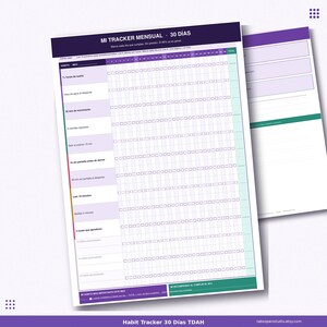 May include: A purple and white habit tracker for 30 days, with the title "MI TRACKER MENSUAL - 30 D&Iacute;AS" at the top. The tracker includes spaces for daily habits and a total section. The design is clean and organized, with a second sheet visible in the background.