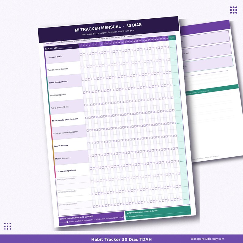 May include: A purple and white habit tracker for 30 days, with the title "MI TRACKER MENSUAL - 30 D&Iacute;AS" at the top. The tracker includes spaces for daily habits and a total section. The design is clean and organized, with a second sheet visible in the background.