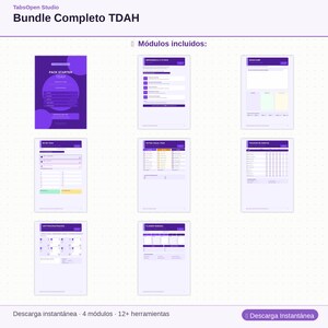May include: A digital bundle titled "Bundle Completo TDAH" with a purple and white design. The bundle includes several modules, such as a starter pack and various forms. The text "Descarga instant&aacute;nea" is also visible.