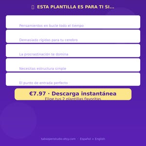 May include: A purple graphic with white rectangular text boxes and text in Spanish. The text includes phrases like "Pensamientos en bucle todo el tiempo" and "Necesitas estructura simple." A yellow banner displays "Descarga instant&aacute;nea."