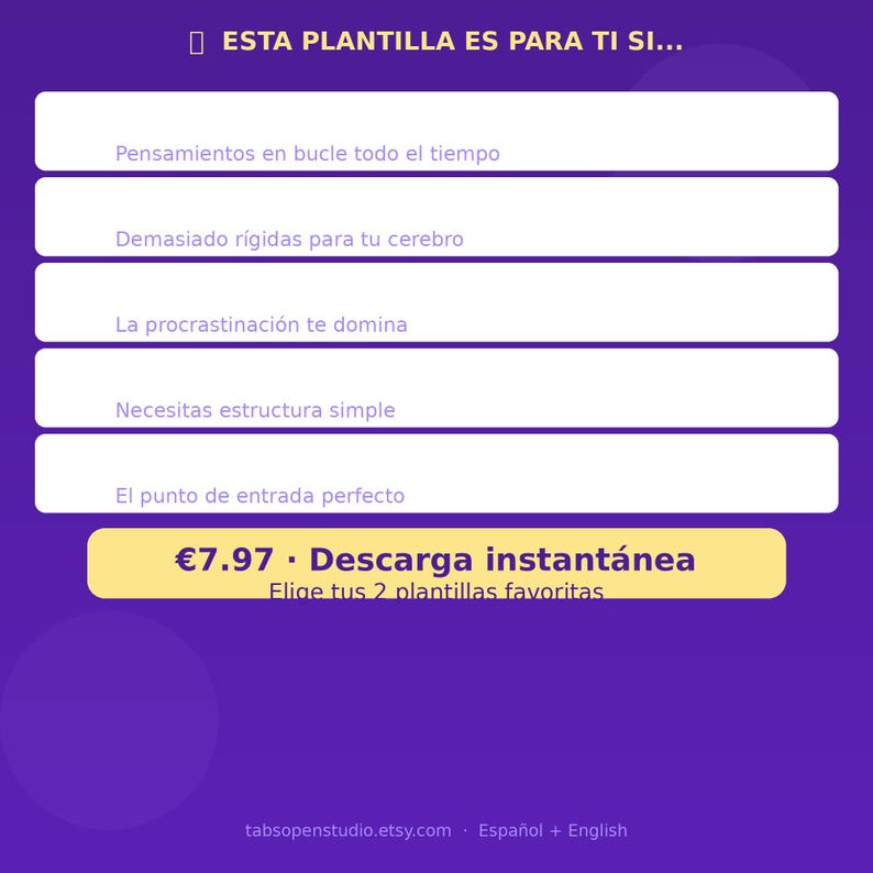 May include: A purple graphic with white rectangular text boxes and text in Spanish. The text includes phrases like "Pensamientos en bucle todo el tiempo" and "Necesitas estructura simple." A yellow banner displays "Descarga instant&aacute;nea."
