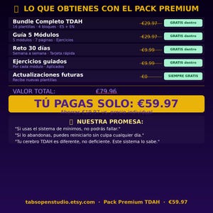 May include: A purple and yellow graphic with text in Spanish, advertising a premium ADHD bundle. The image lists items included, such as templates, modules, and exercises. The total value is listed, along with a discounted price.