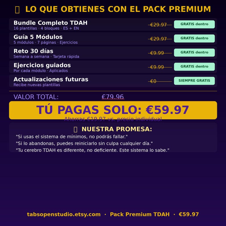 May include: A purple and yellow graphic with text in Spanish, advertising a premium ADHD bundle. The image lists items included, such as templates, modules, and exercises. The total value is listed, along with a discounted price.