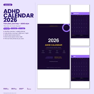 Pu&ograve; includere: Un calendario digitale ADHD per il 2026, con un design viola scuro e bianco. Include pianificatori mensili e settimanali, blocchi giornalieri e un tracker delle abitudini. Il testo recita "Calendario ADHD 2026" e "Your year, your way - ADHD style."