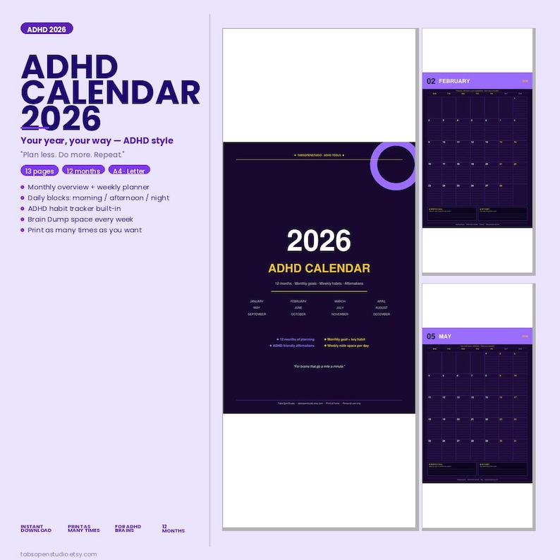 Pu&ograve; includere: Un calendario digitale ADHD per il 2026, con un design viola scuro e bianco. Include pianificatori mensili e settimanali, blocchi giornalieri e un tracker delle abitudini. Il testo recita "Calendario ADHD 2026" e "Your year, your way - ADHD style."