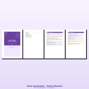 May include: A digital guide on anxiety, featuring a purple and white cover with the title "Guia Completa sobre la Ansiedad." The guide is a PDF with 10 pages, and the image shows several pages with text and headings.