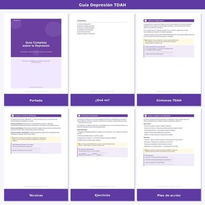 K&ouml;nnte beinhalten: Ein Leitfaden mit dem Titel "Gu&iacute;a Depresi&oacute;n TDAH" mit lila und wei&szlig;en Seiten. Der Leitfaden ist in Abschnitte unterteilt: "Portada", "&iquest;Qu&eacute; es?", "S&iacute;ntomas TDAH", "T&eacute;cnicas", "Ejercicios" und "Plan de acci&oacute;n". Das Cover tr&auml;gt den Titel "Gu&iacute;a Completa sobre la Depresi&oacute;n".