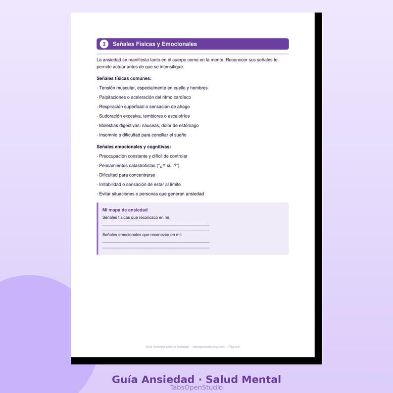 May include: A white document with Spanish text about anxiety, featuring a purple header that reads "Se&ntilde;ales F&iacute;sicas y Emocionales." The document lists physical and emotional signs of anxiety, with a section for self-assessment.
