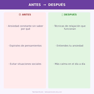 May include: A graphic with the text "ANTES" and "DESPU&Eacute;S" in purple. The left side, in pink, lists "Constant anxiety without knowing why," "Thought spirals," and "Avoiding social situations." The right side, in green, lists "Relaxation techniques that work," "You understand your anxiety," and "More calm in everyday life."