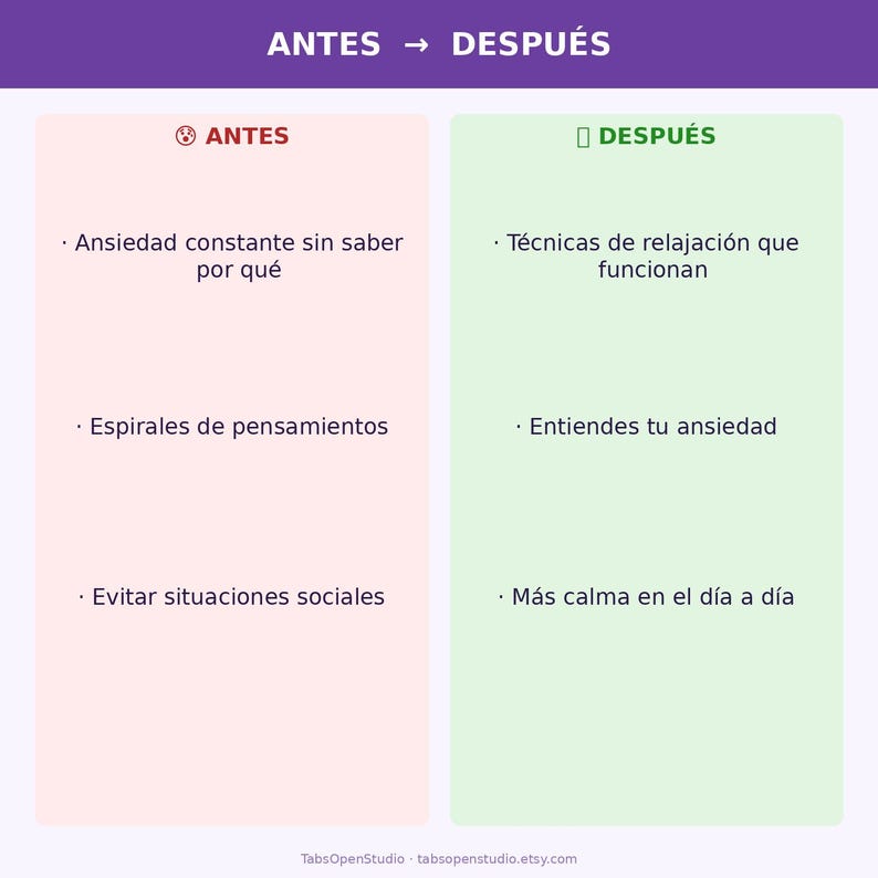 May include: A graphic with the text "ANTES" and "DESPU&Eacute;S" in purple. The left side, in pink, lists "Constant anxiety without knowing why," "Thought spirals," and "Avoiding social situations." The right side, in green, lists "Relaxation techniques that work," "You understand your anxiety," and "More calm in everyday life."