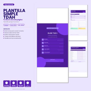 May include: A digital planner template for adults with ADHD, featuring a simple design in purple and white. The template includes sections for brain dumping, daily planning, habit tracking, and anti-procrastination. The text on the template reads "Simple ADHD Template".