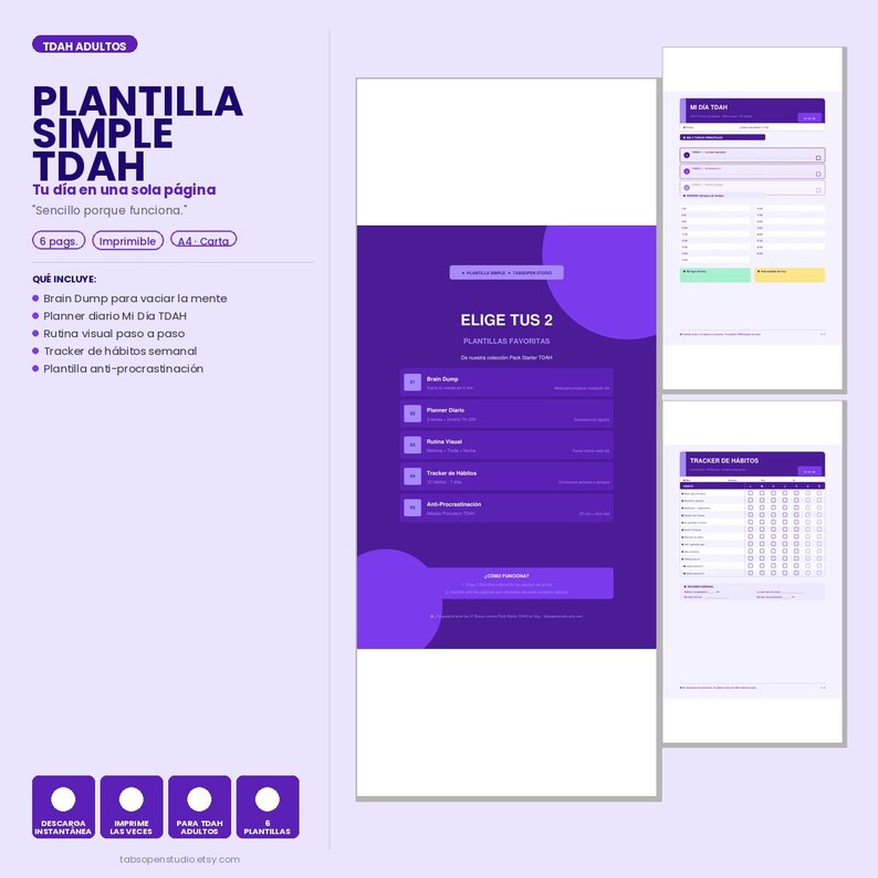 May include: A digital planner template for adults with ADHD, featuring a simple design in purple and white. The template includes sections for brain dumping, daily planning, habit tracking, and anti-procrastination. The text on the template reads "Simple ADHD Template".