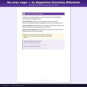 K&ouml;nnte beinhalten: Ein spanischsprachiges Dokument mit dem Titel "No eres vago - tu dopamina funciona diferente". Es behandelt Ursachen und Risikofaktoren von Depressionen, einschlie&szlig;lich biologischer, psychologischer und sozialer Faktoren. Das Dokument hat einen wei&szlig;en Hintergrund mit lila Akzenten.