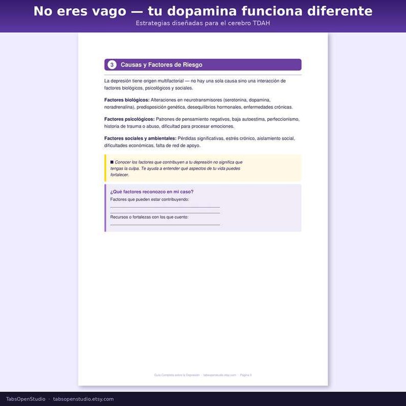 K&ouml;nnte beinhalten: Ein spanischsprachiges Dokument mit dem Titel "No eres vago - tu dopamina funciona diferente". Es behandelt Ursachen und Risikofaktoren von Depressionen, einschlie&szlig;lich biologischer, psychologischer und sozialer Faktoren. Das Dokument hat einen wei&szlig;en Hintergrund mit lila Akzenten.