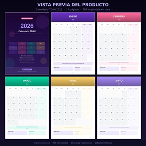 Pu&ograve; includere: Anteprima di un calendario digitale per il 2026, con un design viola e rosa. Il calendario presenta layout mensili da gennaio a maggio, con il testo "Calendario TDAH" e "2026" visibili. L'immagine include anche il testo "PDF stampabile a casa."