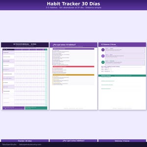 May include: A digital habit tracker in Spanish, with a purple header that reads "Habit Tracker 30 D&iacute;as." The tracker includes sections for monthly tracking, a list of 10 habits, and a 3-hour system. The Etsy shop name is displayed at the bottom.