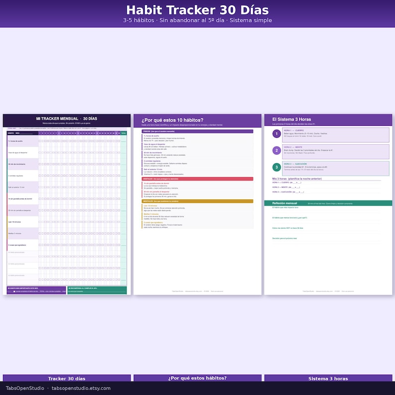 May include: A digital habit tracker in Spanish, with a purple header that reads "Habit Tracker 30 D&iacute;as." The tracker includes sections for monthly tracking, a list of 10 habits, and a 3-hour system. The Etsy shop name is displayed at the bottom.