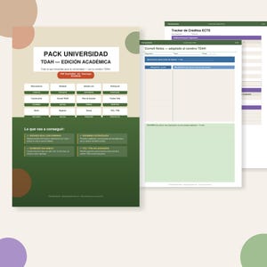 May include: A digital academic planner pack with the title "PACK UNIVERSIDAD TDAH - EDICI&Oacute;N ACAD&Eacute;MICA" in Spanish. The pack includes various templates for organization, such as a study plan, a tracker, and Cornell Notes. The background is a light beige with green and purple accents.