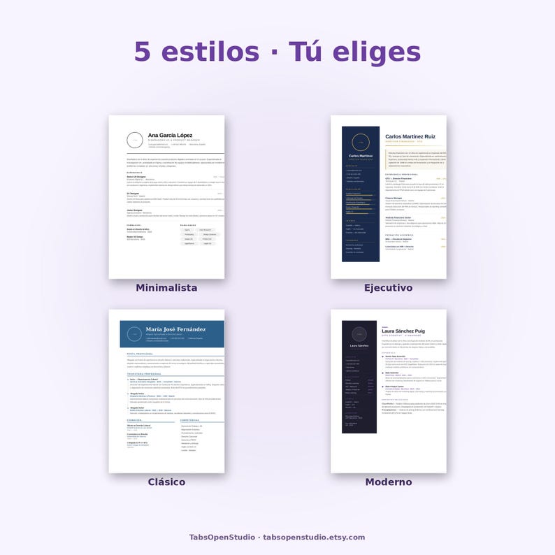 May include: Image showcasing four resume templates with different design styles: Minimalista, Ejecutivo, Cl&aacute;sico, and Moderno. Each template features a name and a brief layout, with varying color schemes and design elements. The text "5 estilos - T&uacute; eliges" is at the top.