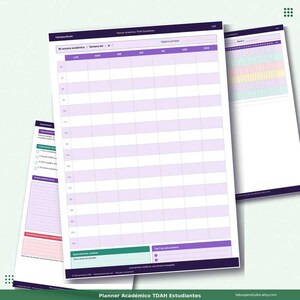 May include: A stack of academic planners with a purple and white color scheme. The planner pages are organized with daily and weekly schedules. The text "Planner Acad&eacute;mico TDAH Estudiantes" is visible at the bottom.