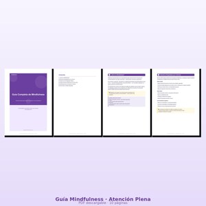 May include: A digital guide titled "Gu&iacute;a Completa de Mindfulness" with a purple and white cover. The guide is displayed open, showing several pages of content. The bottom of the image includes the text "Gu&iacute;a Mindfulness &bull; Atenci&oacute;n Plena PDF descargable &bull; 10 p&aacute;ginas."
