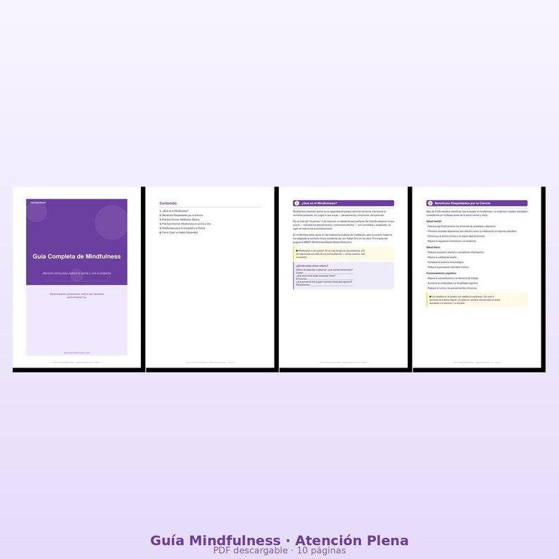 May include: A digital guide titled "Gu&iacute;a Completa de Mindfulness" with a purple and white cover. The guide is displayed open, showing several pages of content. The bottom of the image includes the text "Gu&iacute;a Mindfulness &bull; Atenci&oacute;n Plena PDF descargable &bull; 10 p&aacute;ginas."