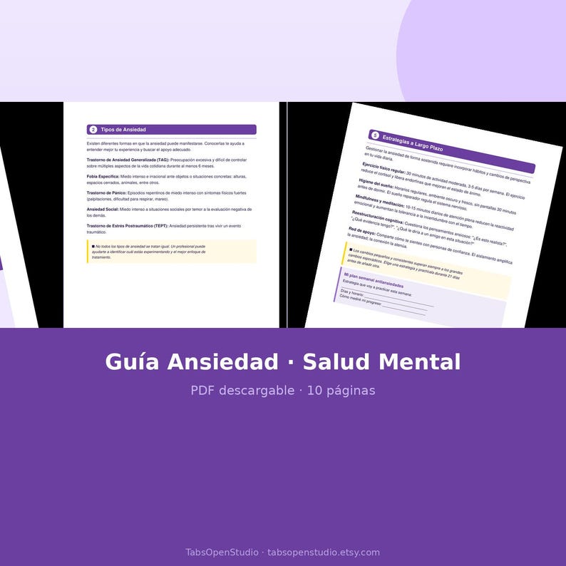 May include: A digital guide titled "Gu&iacute;a Ansiedad &bull; Salud Mental" in Spanish, with a purple background. The guide includes information on anxiety types and long-term strategies. The text "PDF descargable &bull; 10 p&aacute;ginas" is also visible.