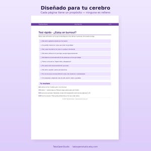 May include: A white document with purple accents features a burnout self-assessment questionnaire. The title reads "Designed for your brain." The questionnaire includes a series of statements to check, followed by a results section. The Etsy shop URL is at the bottom.