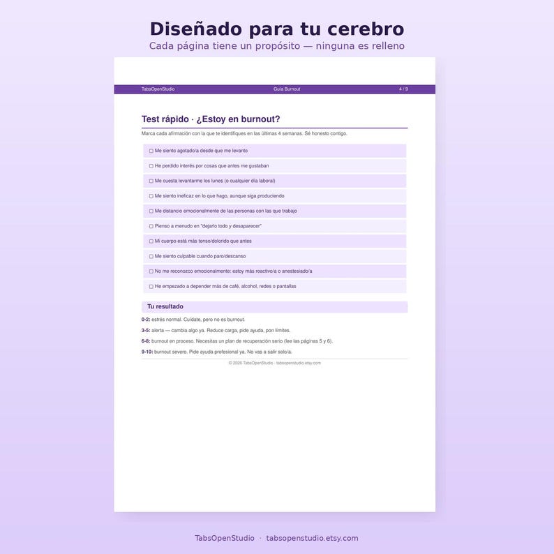 May include: A white document with purple accents features a burnout self-assessment questionnaire. The title reads "Designed for your brain." The questionnaire includes a series of statements to check, followed by a results section. The Etsy shop URL is at the bottom.